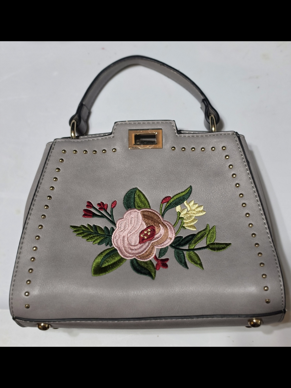Gray Floral-Embroidered Top-Handle Satchel by Mellow World
